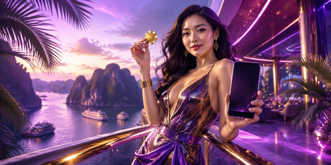 Cảnh Hạ Long Bay với giao diện casino mobile neon về đêm