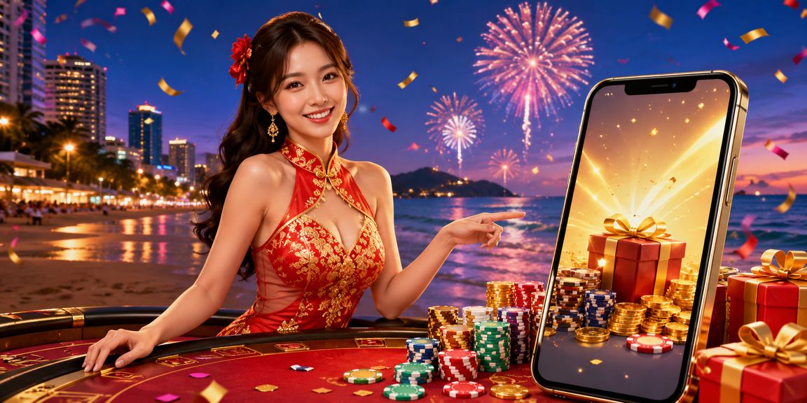 Bãi biển Vũng Tàu với biểu tượng nạp tiền và khuyến mãi casino